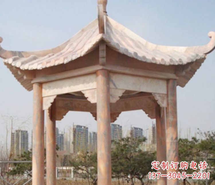 园林晚霞红六角石凉亭景观石雕