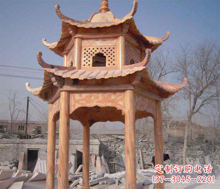 园林晚霞红石凉亭景观石雕
