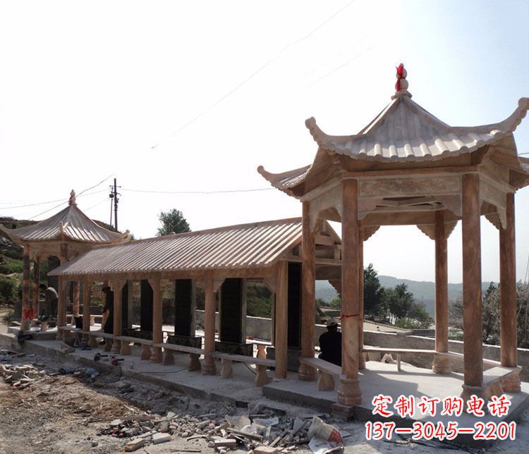 园林晚霞红长廊凉亭景观石雕