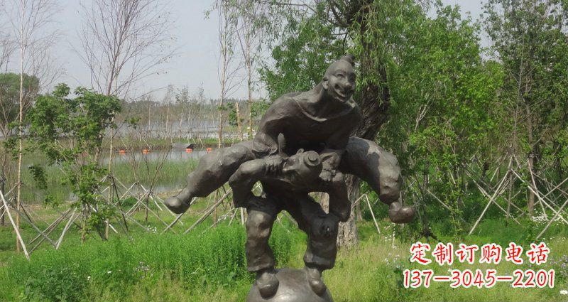 园林站在球上面跳山羊的人物景观铜雕