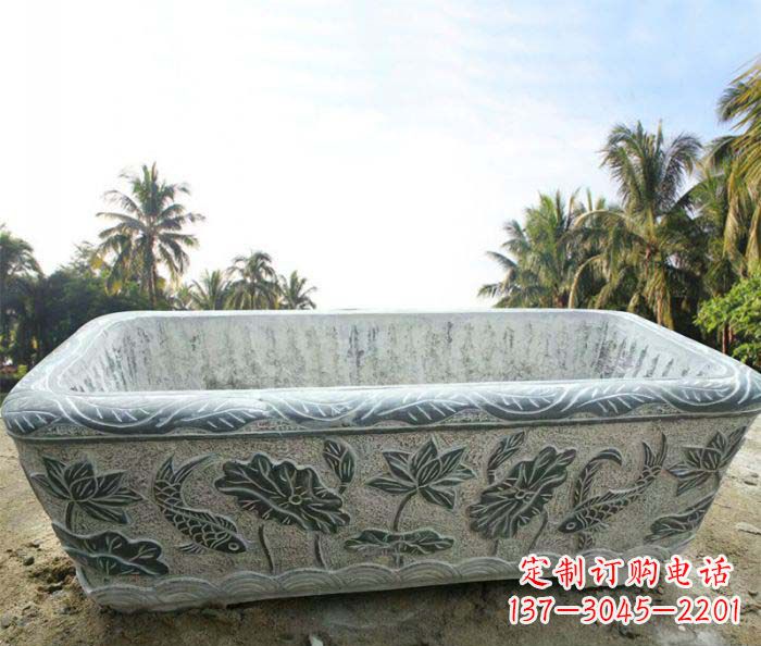 长方形连年有余荷花浮雕石水缸 长方形连年有余荷花浮雕石水缸