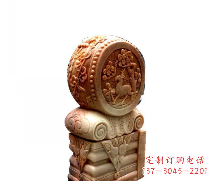 招财石门墩晚霞红抱鼓石