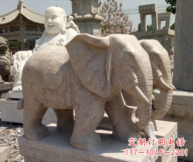 招财晚霞红大象石雕 (2)