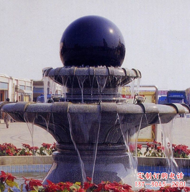 中国黑双层风水球喷泉石雕