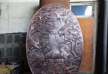 仙鹤松林瀑布古代园林景观铜浮雕